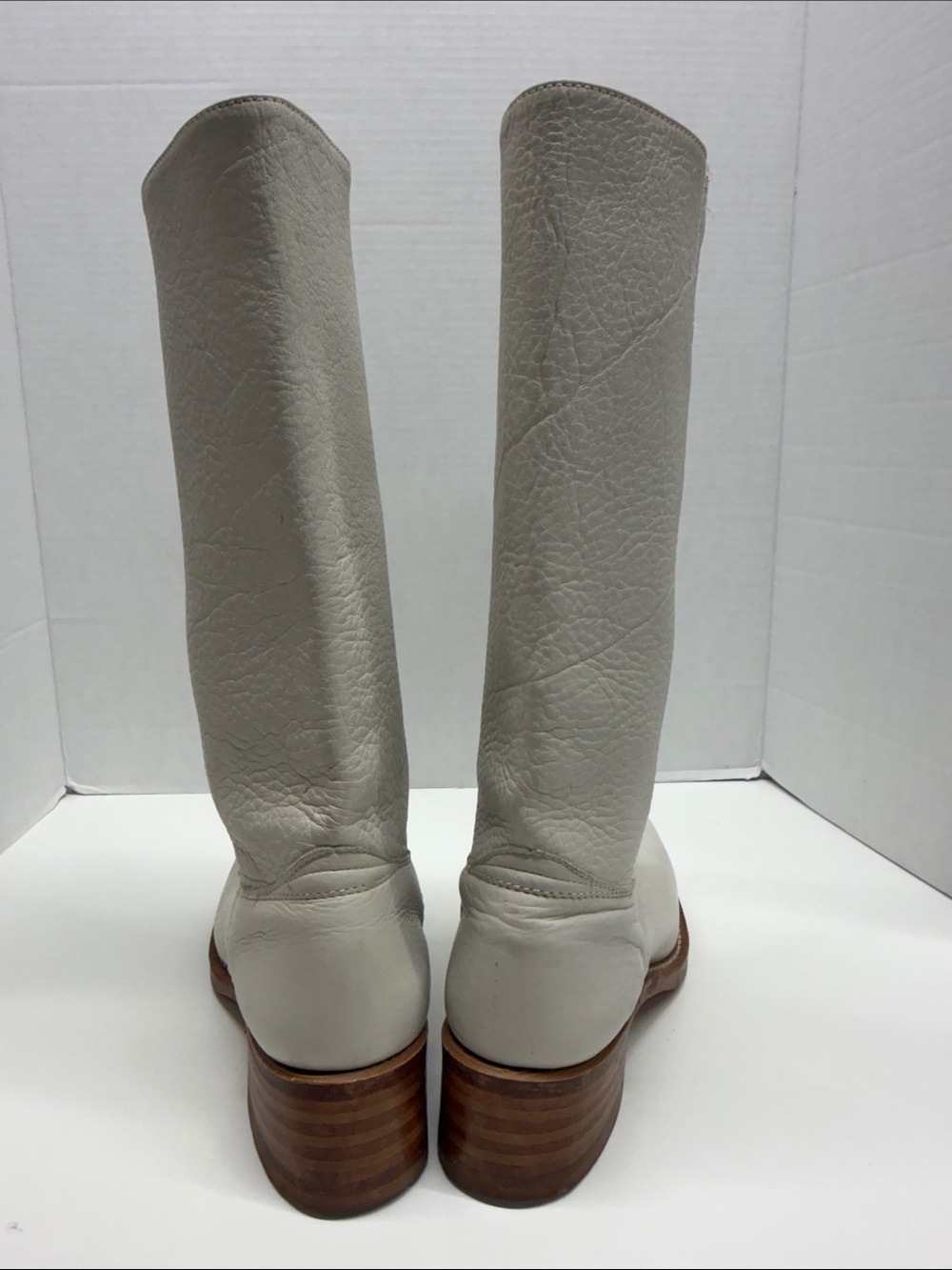 Frye Campus Heeled Boots Pebbled Leather Mid Calf Ivory Vintage USA Size 8.5 M - Picture 3 of 10